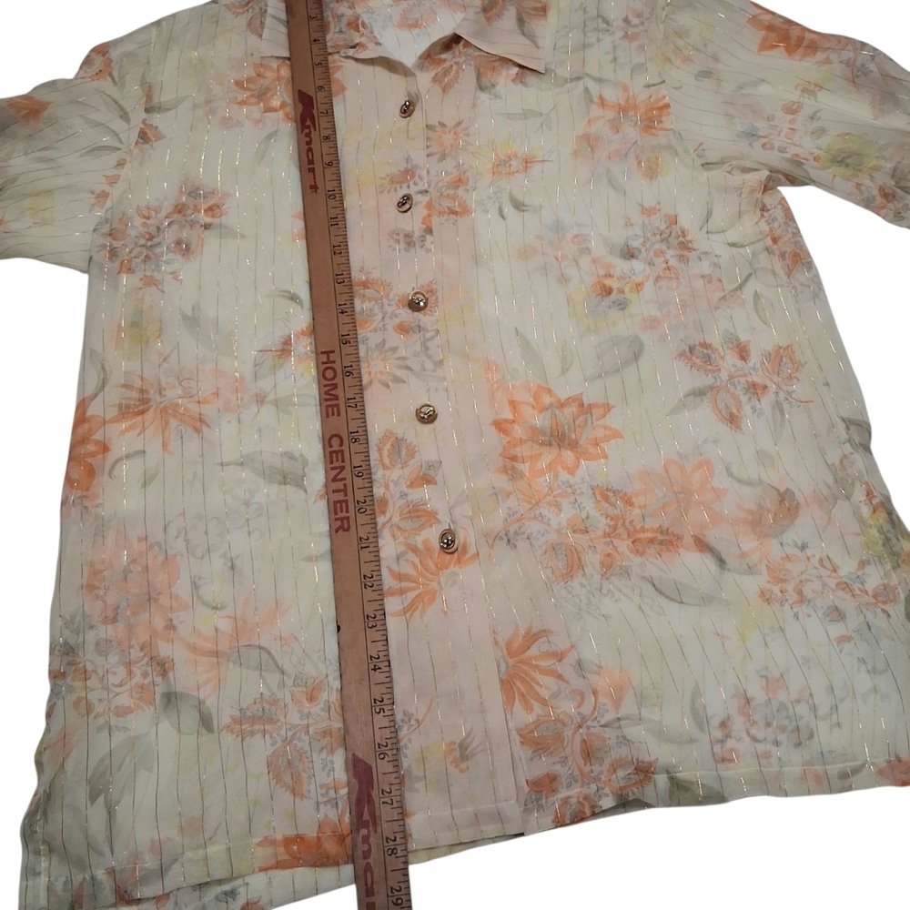 Vintage EUC Womens FINALE Sz. M Off-white/Orange Floral Long Sleeve Sheer Blouse - Picture 5 of 13